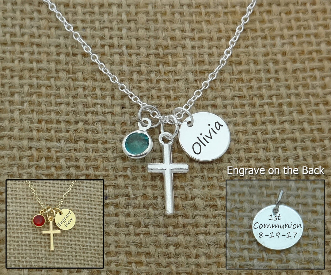 First Communion Necklace, Personalized 1st Holy Communion Jewelry, Confirmation Gift, Cross Birthstone Name Date Gift