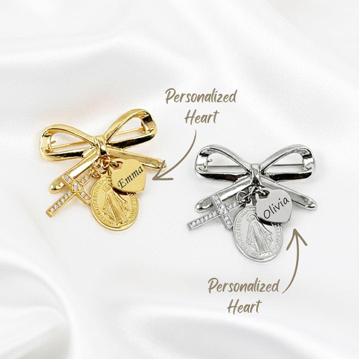 Custom Baptism Gift, Catholic Baby Protection Pin, Cross & Miraculous Medal with Initial Brooch, Virgin Mary Charm, Newborn blessing Gift