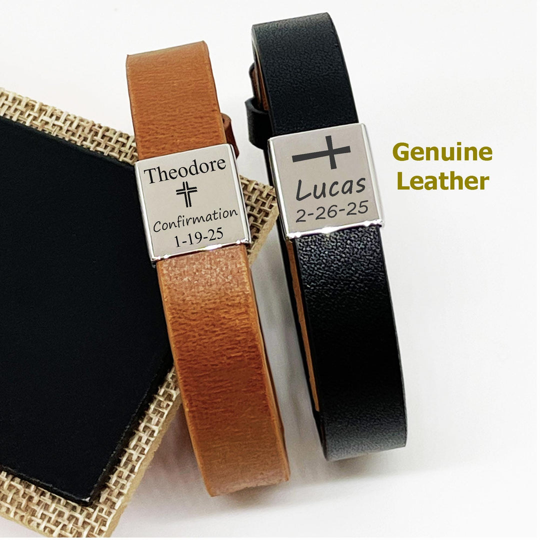 Boys Confirmation Bracelet ADJUSTABLE, Religious Leather Bracelet, First Communion Gift, Cross Name Date Necklace, Baptism Gift