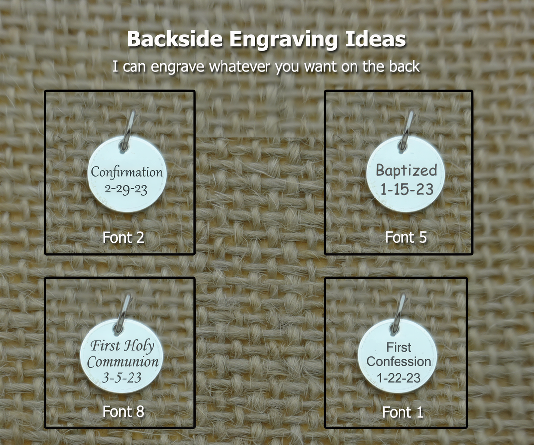 four different engraved charms or tags, each with a unique design and text, set against a woven background.