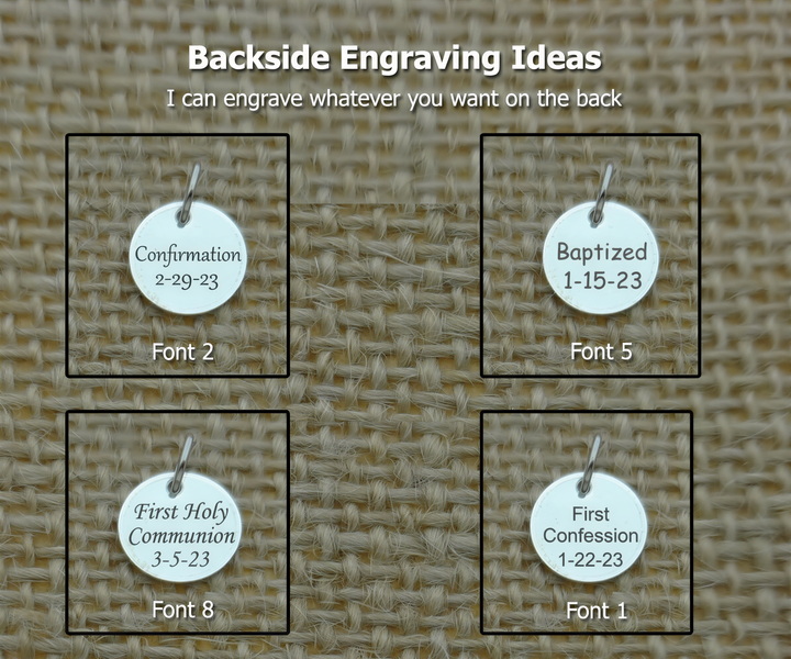 four different engraved charms or tags, each with a unique design and text, set against a woven background.