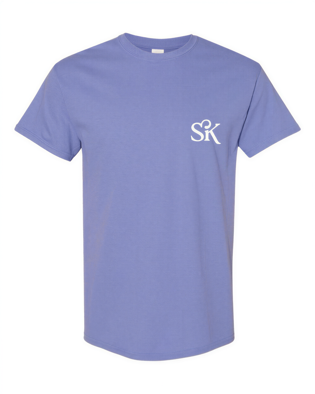 A light purple t-shirt with a white logo on the left side.