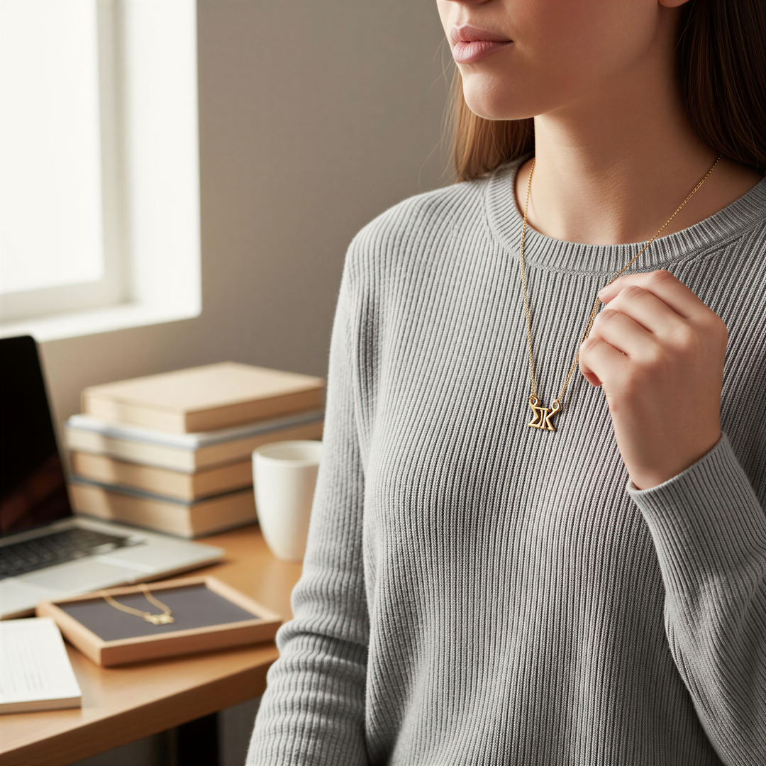 A woman wearing a gray sweater is standing near a desk with a laptop, books, and a cup.