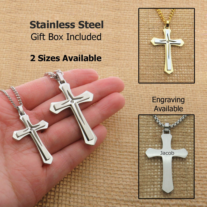 a hand holding a stainless steel cross pendant, with a gift box containing two sizes of crosses. The pendants are engraved with the names " Jacob" and " Jacob".