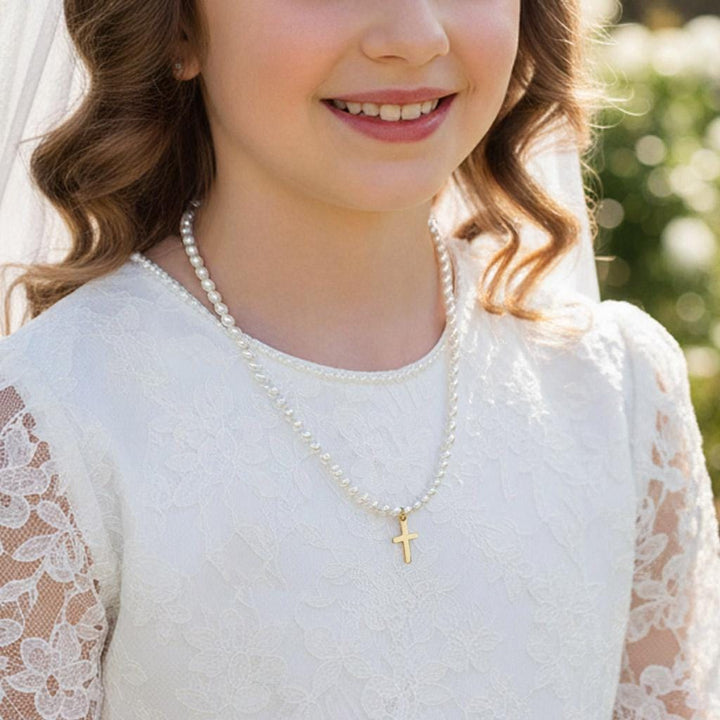 Pearl Cross Pendant Gold Necklace, First Communion Jewelry, Baptism Gift, Religious Keepsake, Elegant Girls Accessory
