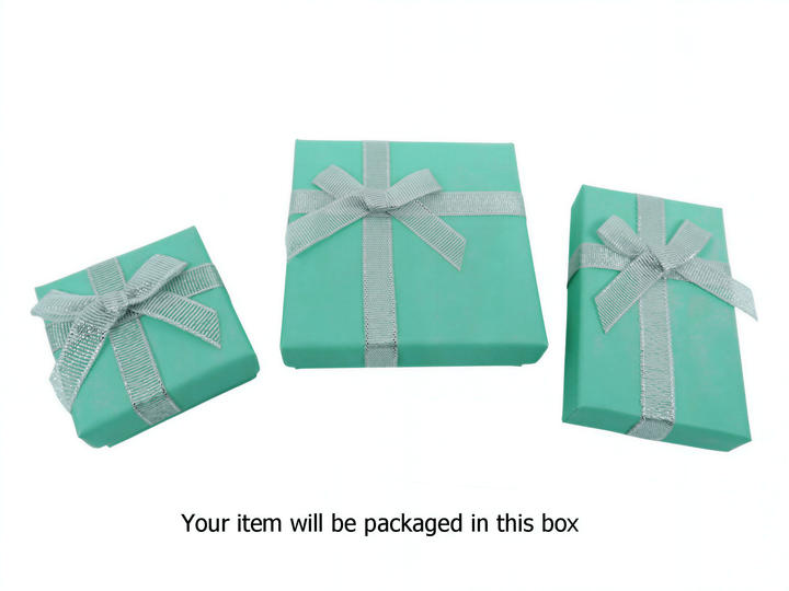 Three turquoise gift boxes with silver ribbons, each labeled with the text "Your item will be packaged in this box".