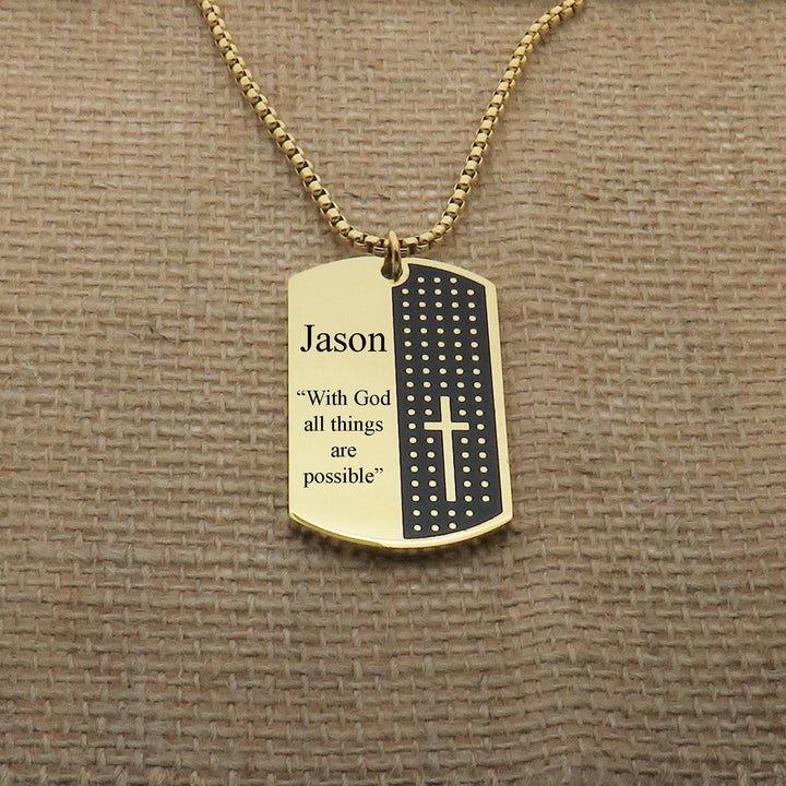 Personalized Custom Bible Verse Men's Necklace, Customize Men's Stainless Steel Necklace, Faith Dog Tag Necklace with Cross Necklace