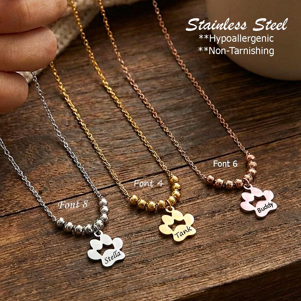 Personalized Paw Necklace, Custom Dog Name, Pet Memorial Jewelry, Cat Lover Gift, Stainless Steel Keepsake