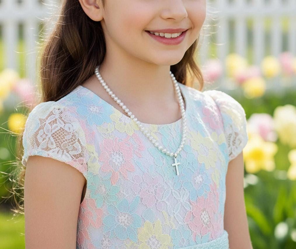 Pearl Cross Pendant Gold Necklace, First Communion Jewelry, Baptism Gift, Religious Keepsake, Elegant Girls Accessory