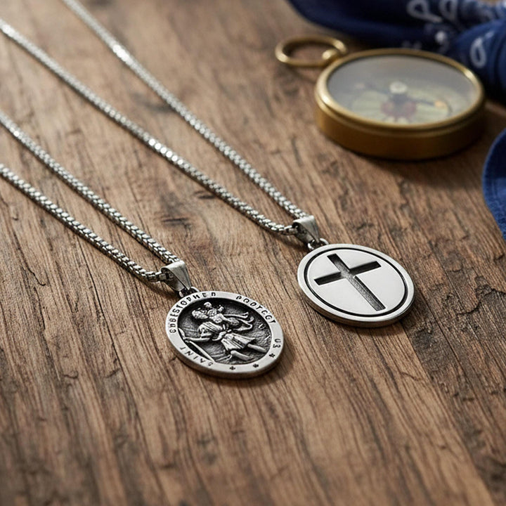 St Christopher Oval Medal Necklace, Mens Gifts, Protection Medal Necklace, Waterproof Saint Christopher Necklace