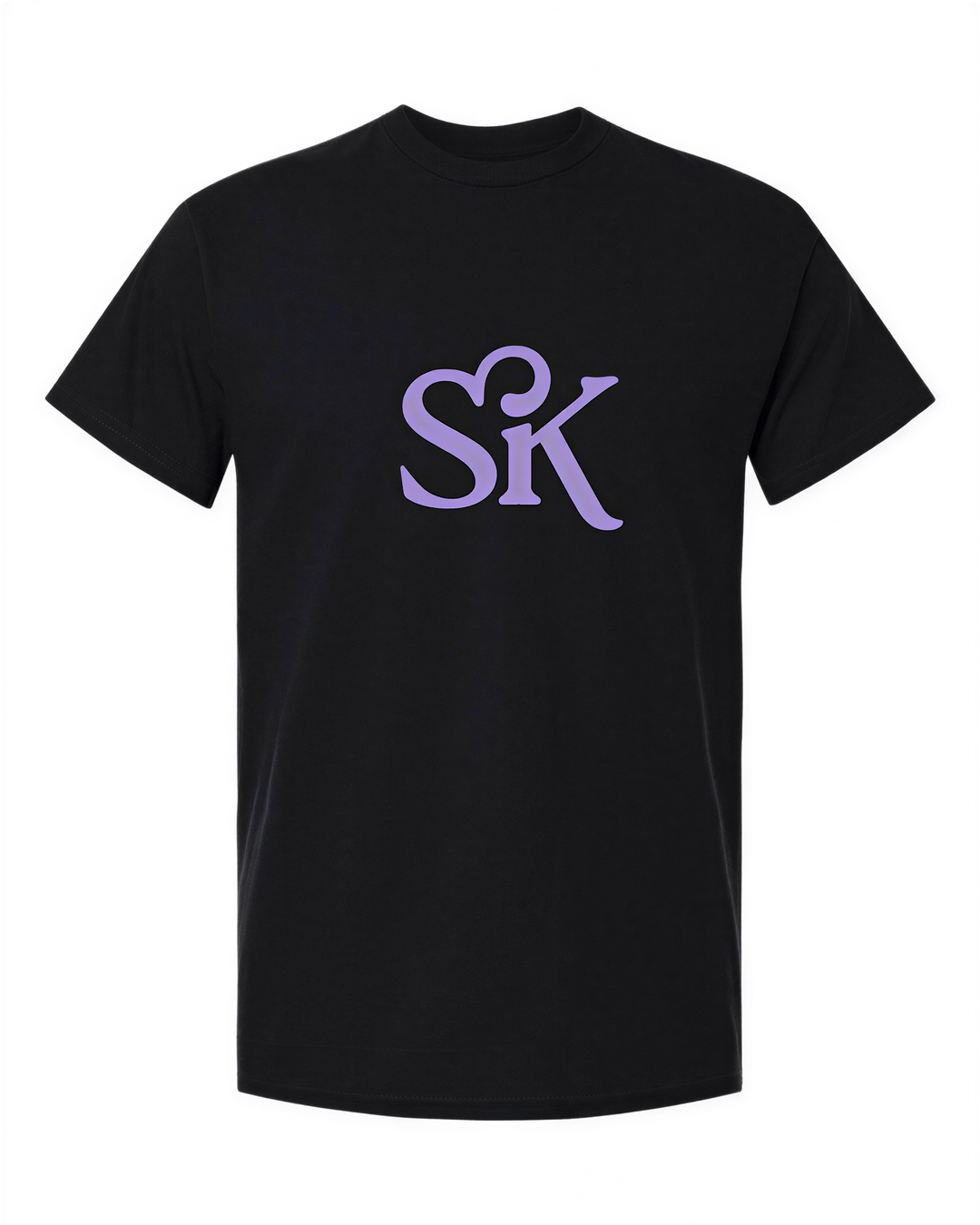 A black t-shirt with a purple logo consisting of the letters 'SK' on it.