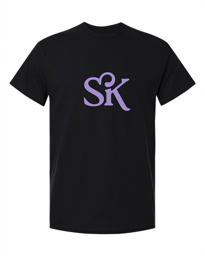 A black t-shirt with a purple logo consisting of the letters 'SK' on it.