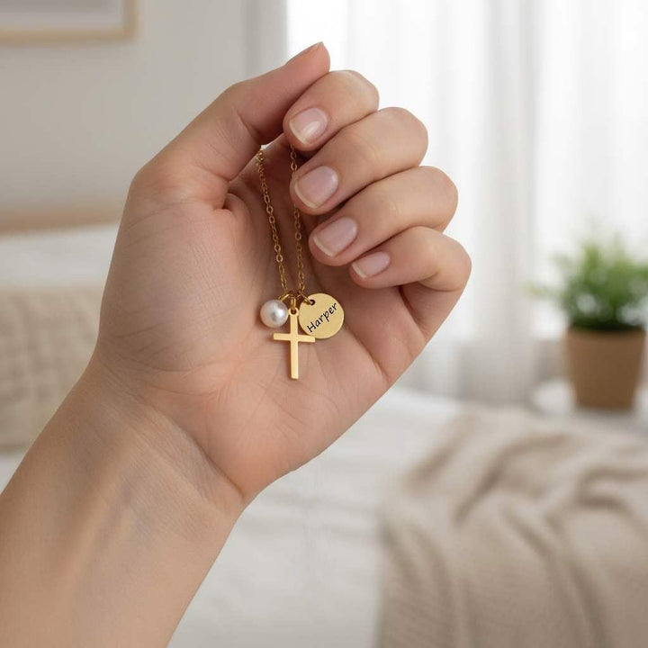 First Communion Necklace, Personalized 1st Holy Communion Jewelry, Confirmation Gift, Cross Birthstone Name Date Gift