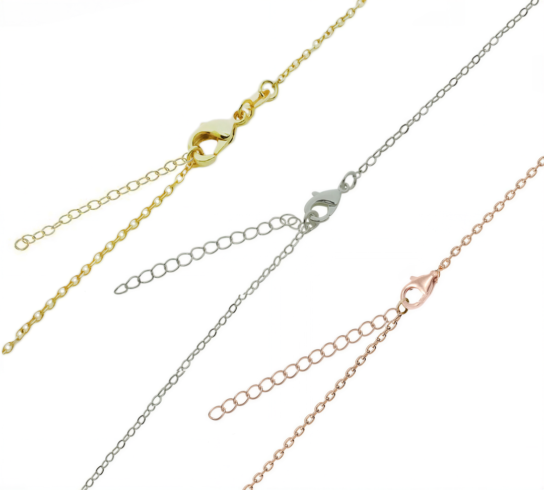 a collection of various chain necklaces with different colored links and clasp designs.