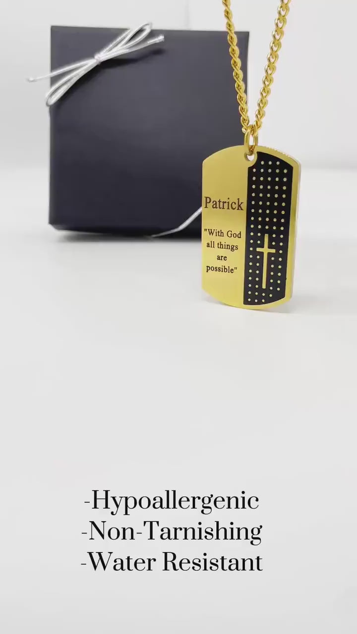 Personalized Custom Bible Verse Men's Necklace, Customize Men's Stainless Steel Necklace, Faith Dog Tag Necklace with Cross Necklace