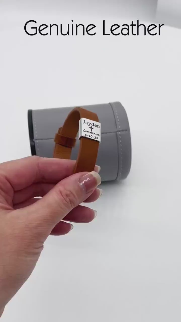 Boys Confirmation Bracelet ADJUSTABLE, Religious Leather Bracelet, First Communion Gift, Cross Name Date Necklace, Baptism Gift